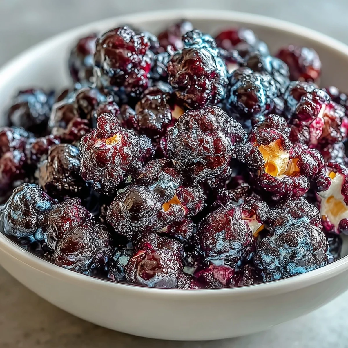Close-up of Black Currant Cheesecake Kettle Corn tossed with creamy coating on a wooden serving tray.
