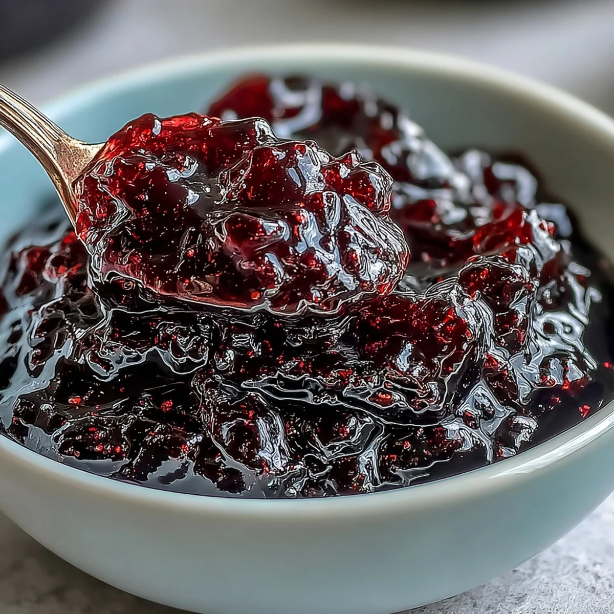 A jar of homemade Black Currant Jelly with a deep purple hue, glistening next to toast points and a silver spreader.