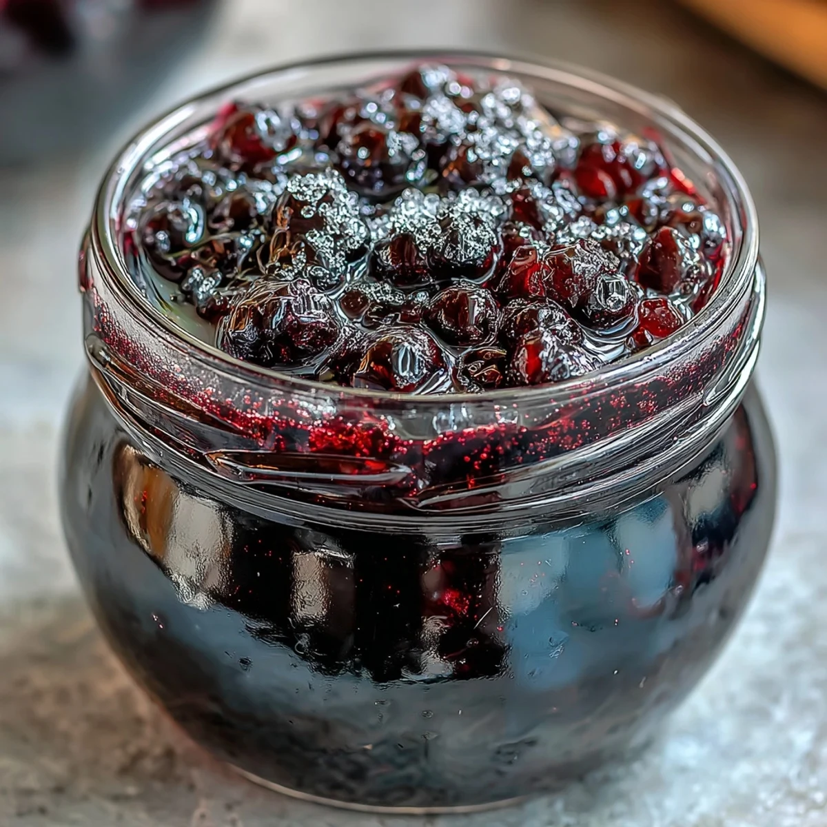 Homemade Easy Blackcurrant Liqueur glows in a jar, showing the vibrant macerated fruit and sugar mixture steeping.