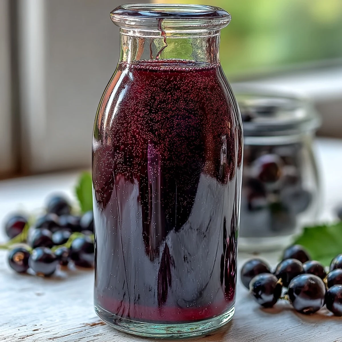 A jar of homemade Black Currant Shrub, showcasing its deep purple hue and glossy texture.