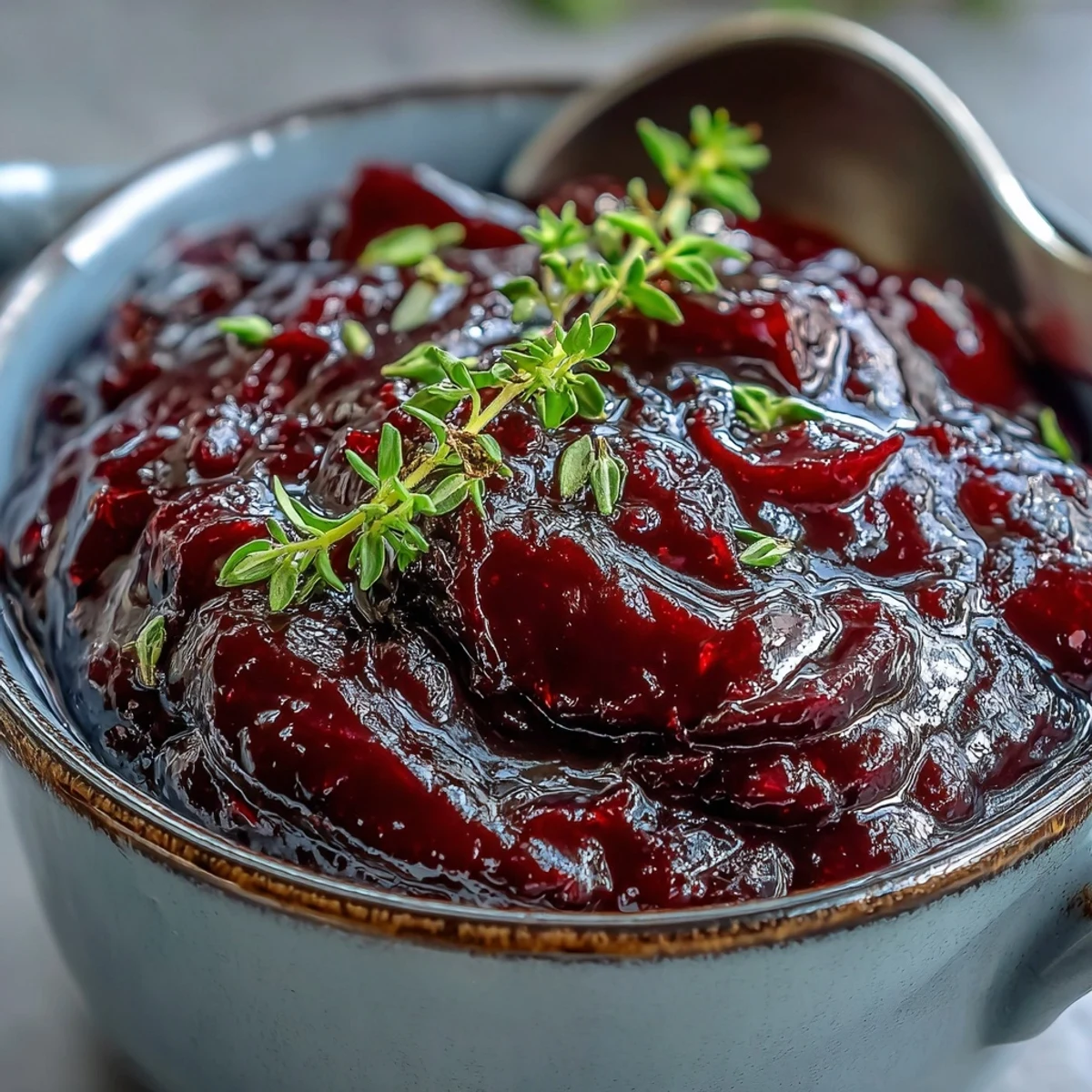 Glossy Black Currant Glaze simmering in a saucepan with balsamic vinegar and thyme