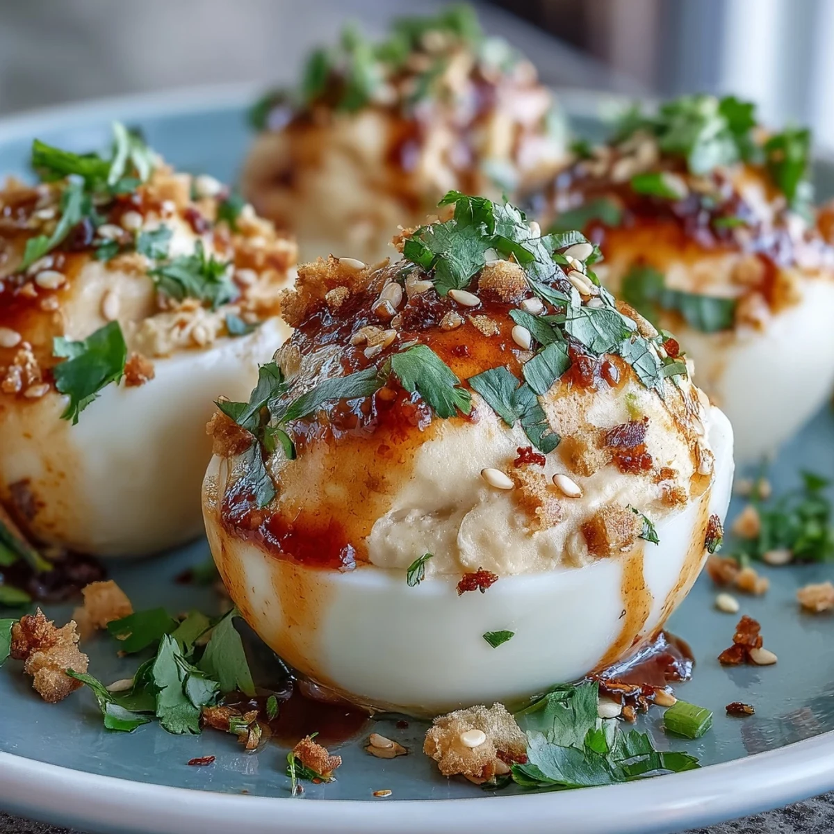 A serving plate of Spicy Chili Garlic Deviled Eggs with a light sprinkle of red pepper flakes and scallions.