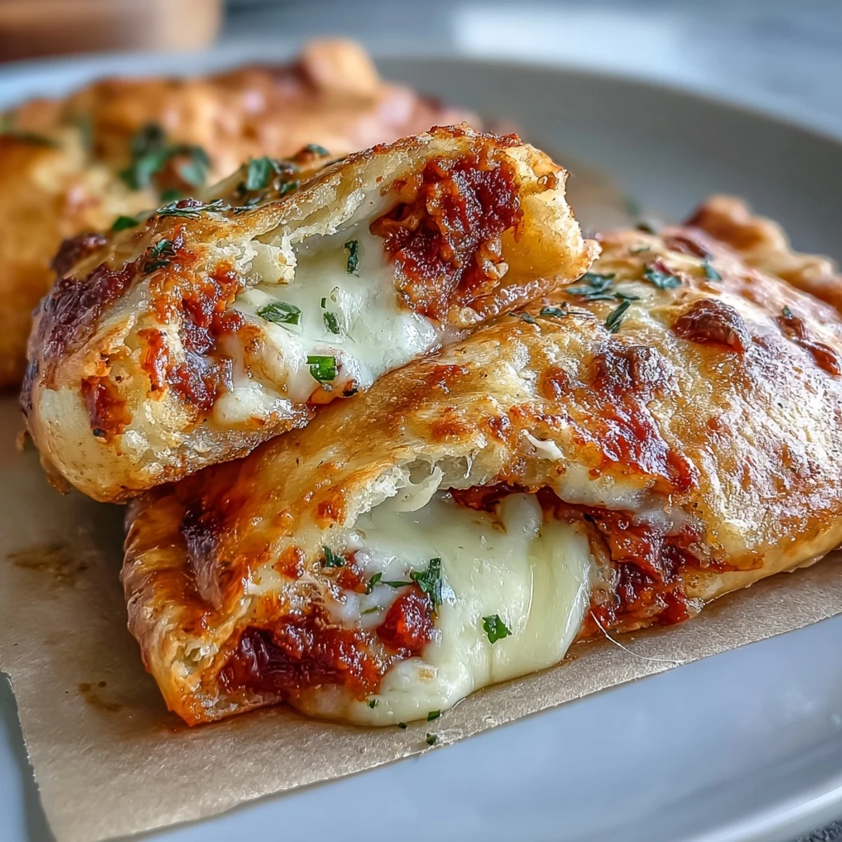 Golden-baked High Protein Pizza Hot Pockets with melted mozzarella peeking out from a crispy, golden crust.