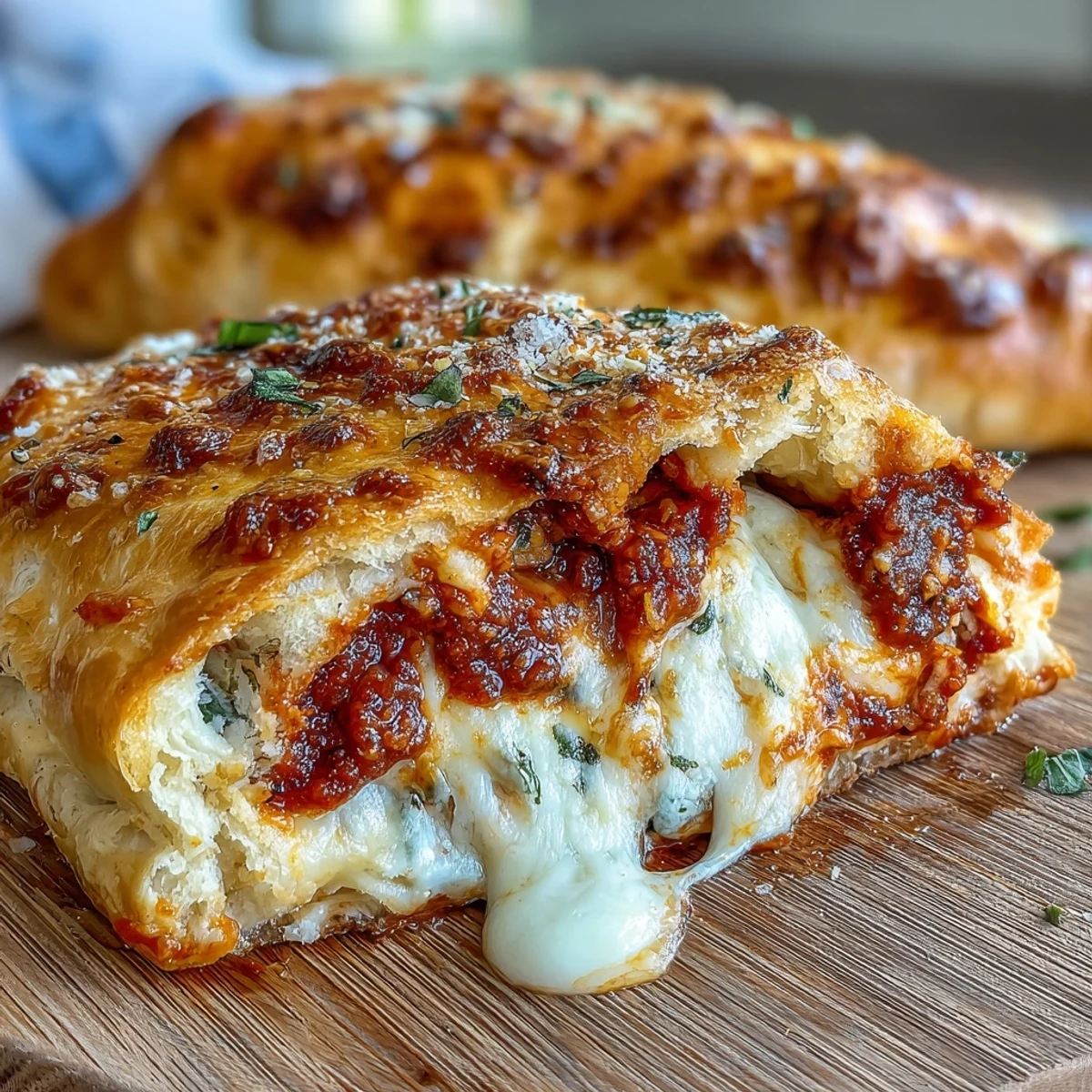 Two flaky High Protein Pizza Hot Packets on a rustic wooden board, steam rising from the savory filling.