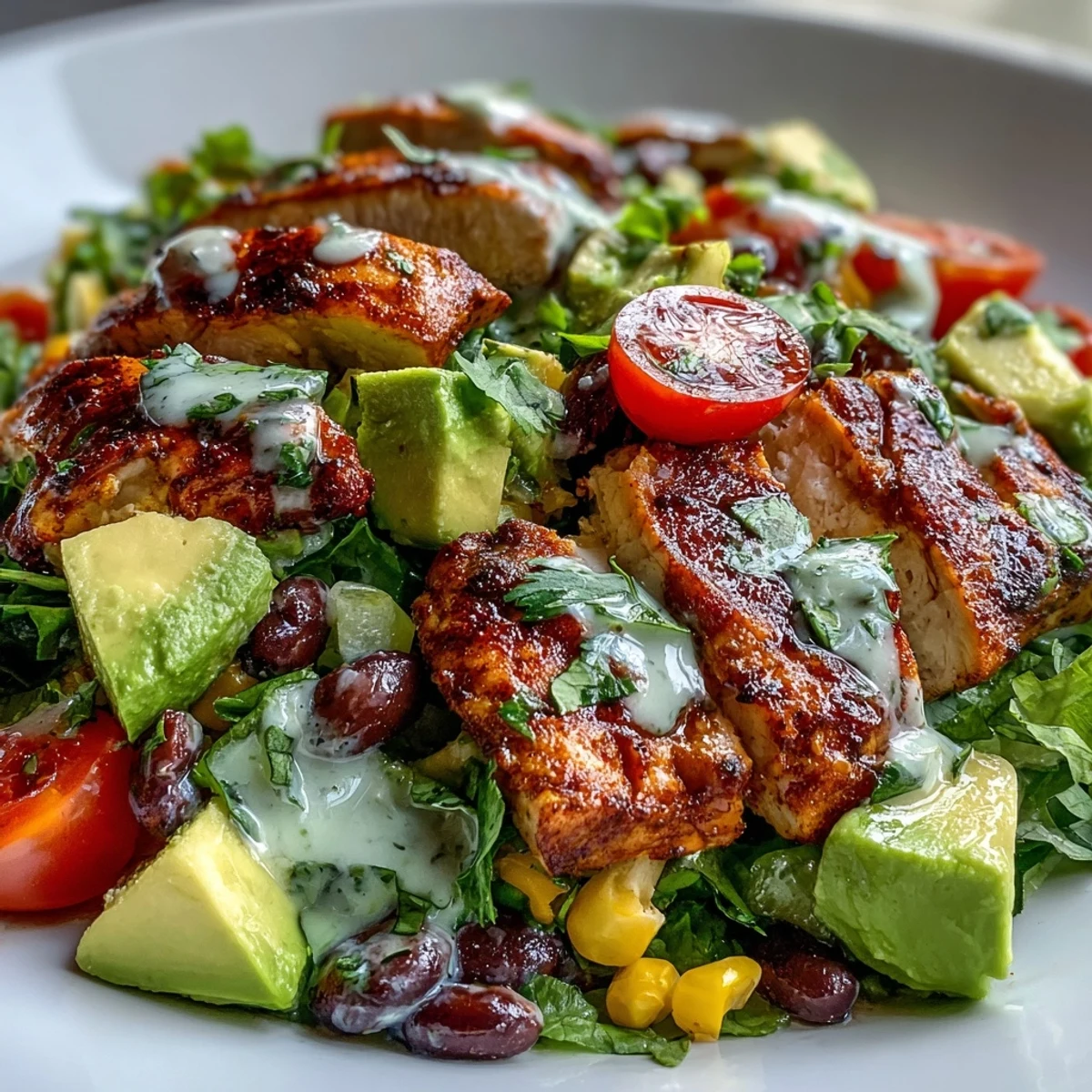 Freshly tossed High Protein Southwest Chicken Salad topped with shredded cheddar, diced red onion, and a drizzle of zesty lime-cilantro dressing.