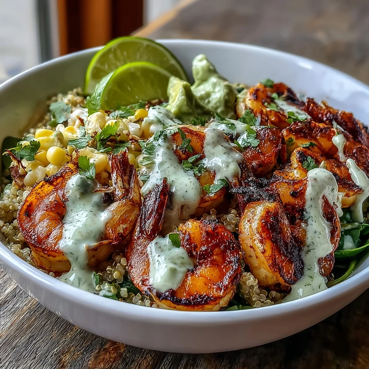 Grilled Shrimp Bowl with avocado slices and zesty corn salsa topped with creamy garlic sauce, ready to serve.