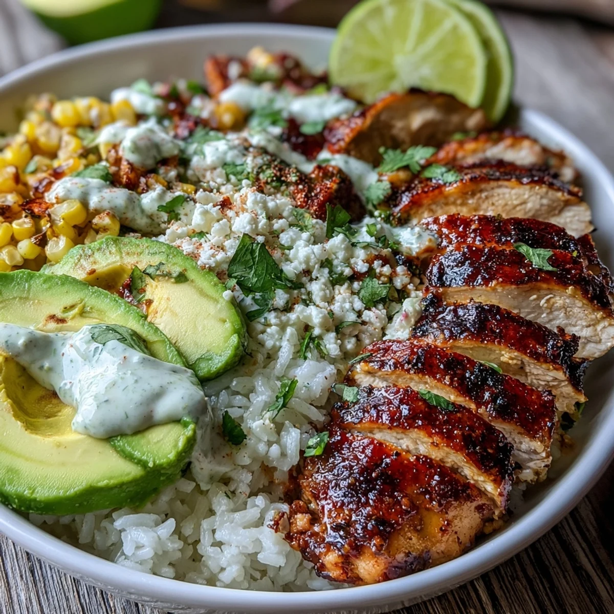 Juicy seasoned chicken and charred Mexican street corn top fluffy rice in this Street Corn Chicken Rice Bowl, drizzled with creamy tajín-lime sauce.