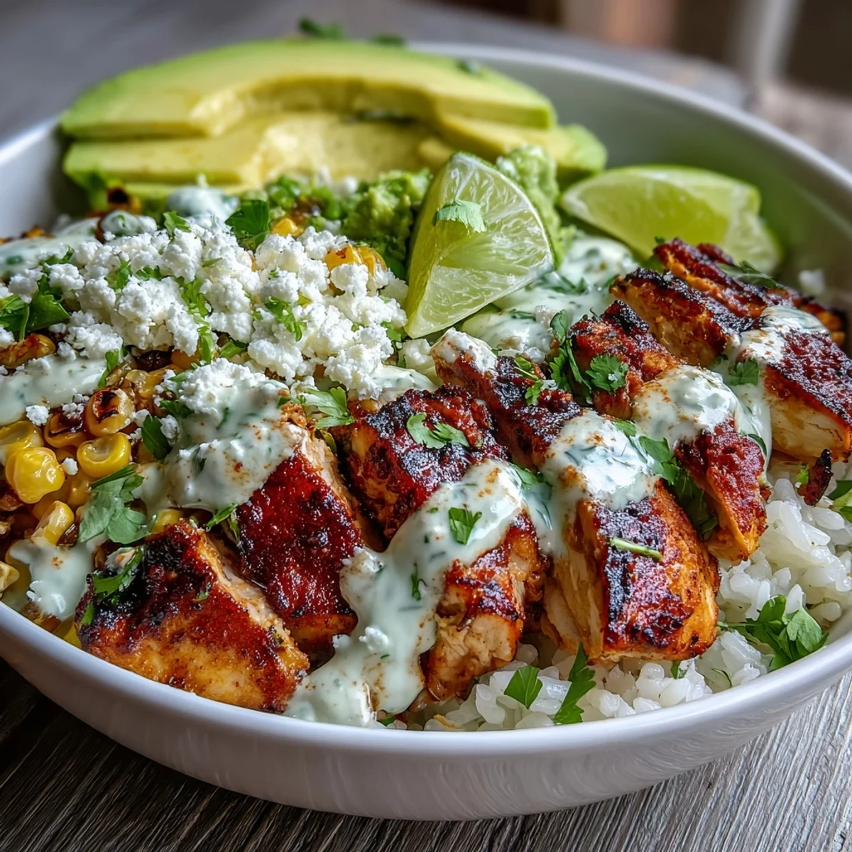 A colorful, meal-prep-friendly Street Corn Chicken Rice Bowl garnished with avocado, fresh cilantro, Cotija cheese, and lime wedges for squeezing.