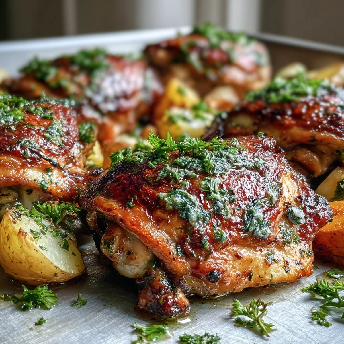 Golden, crispy-skinned ranch chicken thighs roasted beside tender carrots and potatoes on a single sheet pan. 