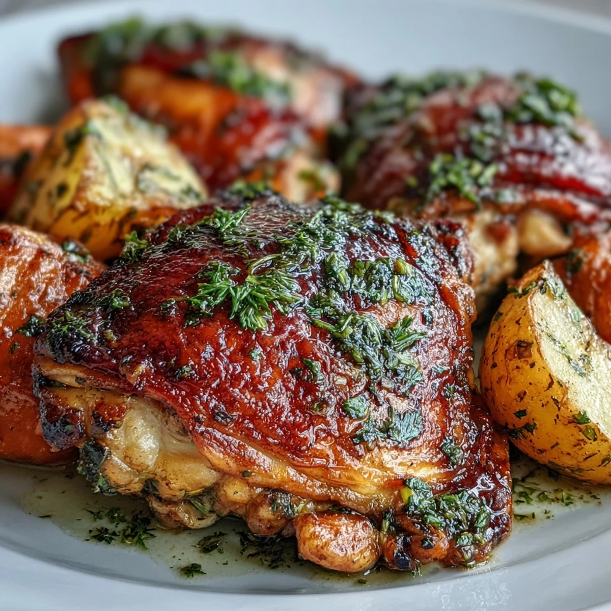 Juicy bone-in chicken thighs with ranch-seasoned potatoes and carrots baked together for a weeknight meal.