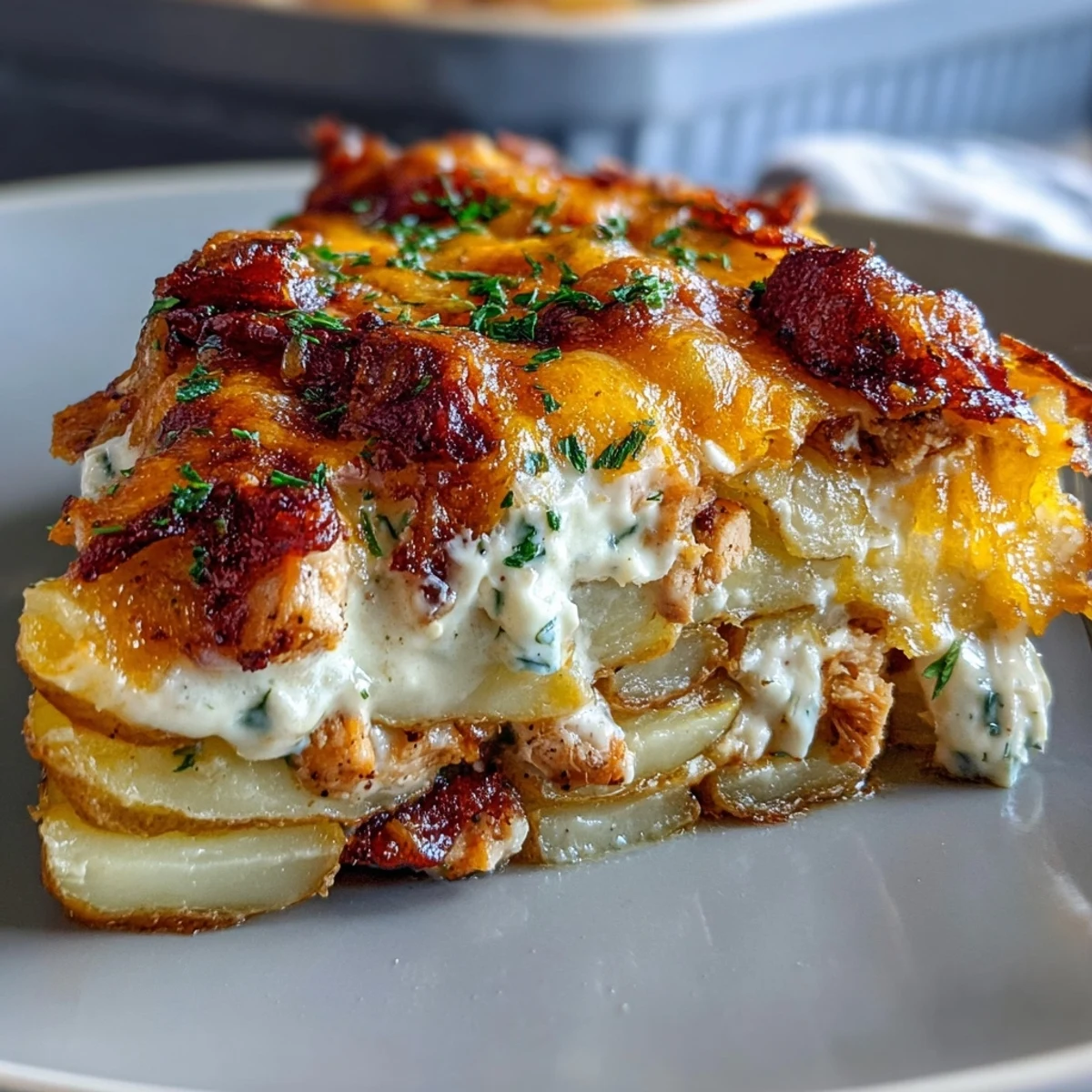 Perfectly tender potatoes and juicy chicken soak up rich ranch cream sauce in this hearty Creamy Ranch Chicken Potato Bake casserole.