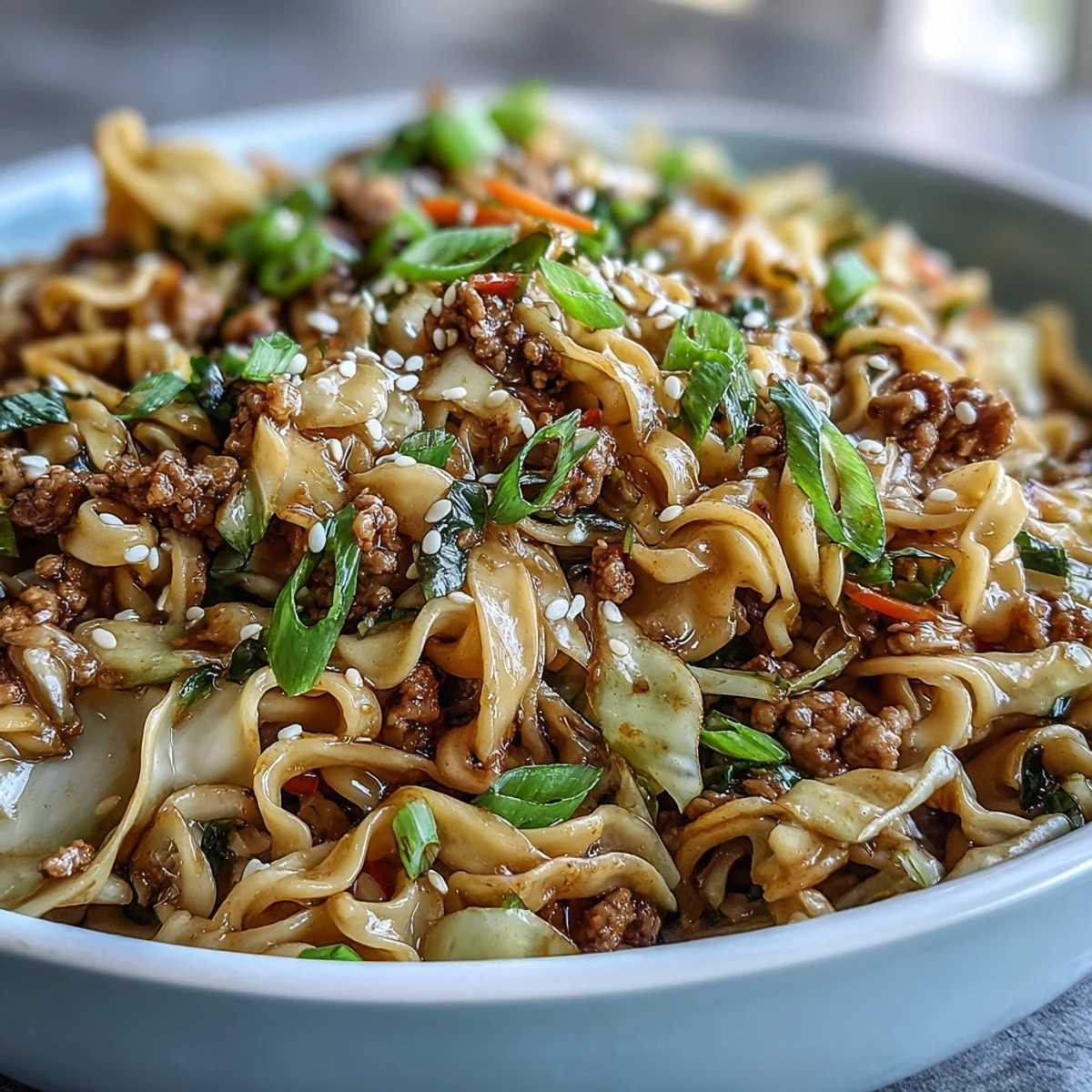Creamy Potsticker Noodle Stir-Fry features ground turkey, cabbage, and ramen in a glossy, savory sesame sauce, served steaming in a skillet.