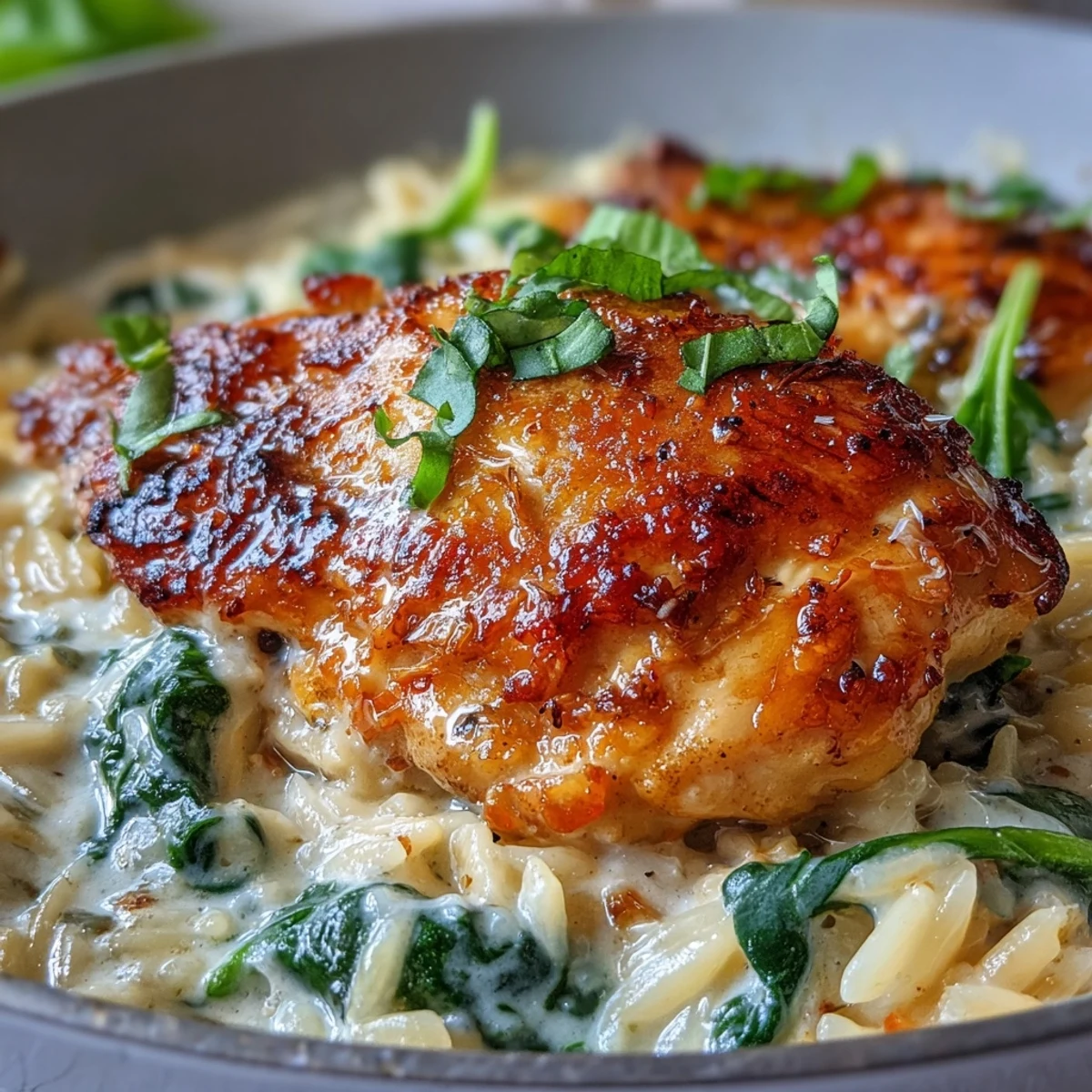 One-Pot Creamy Garlic Parmesan Chicken Orzo with golden seared chicken in a rich, cheesy sauce.