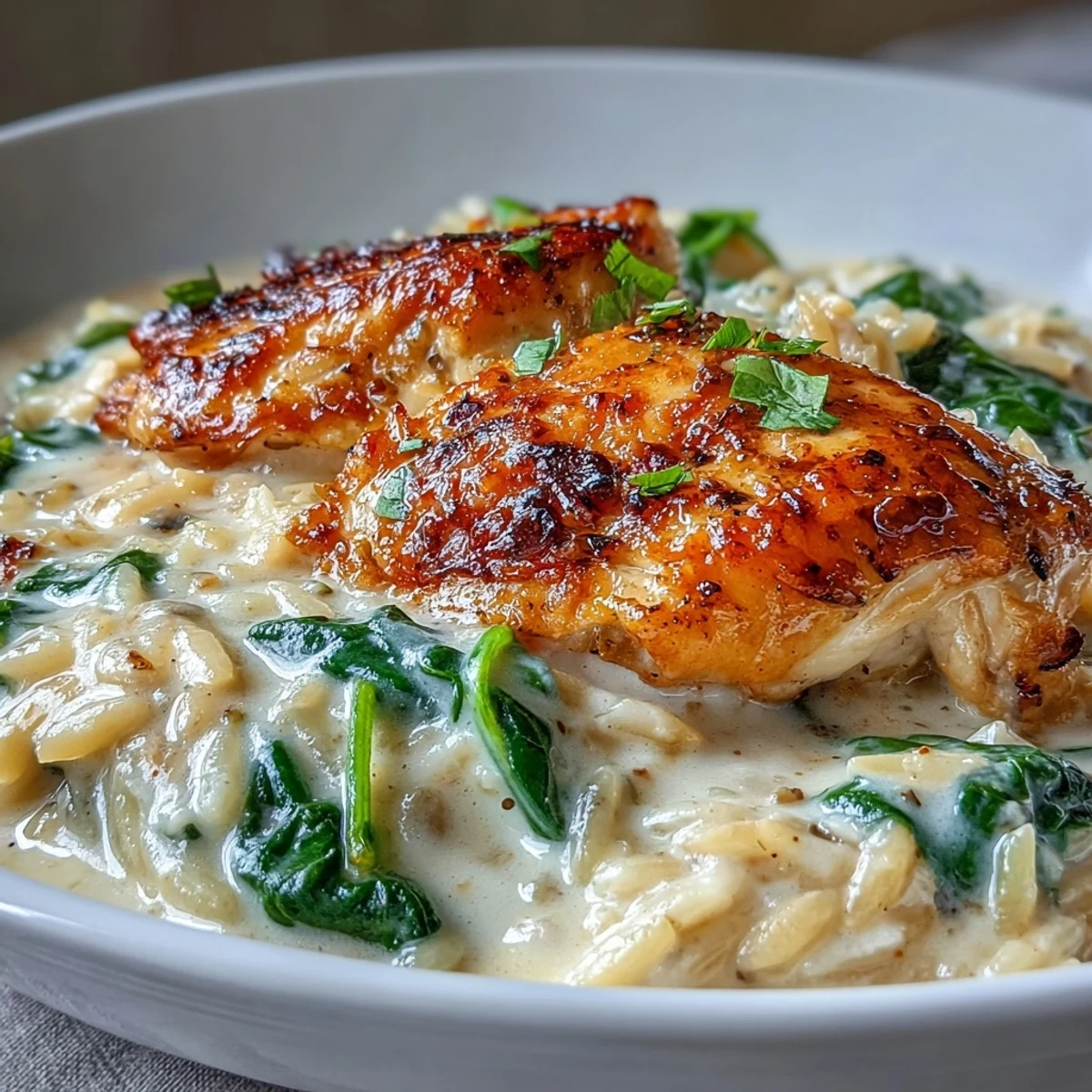 Serving One-Pot Creamy Garlic Parmesan Chicken Orzo from a skillet, ready for a weeknight dinner.