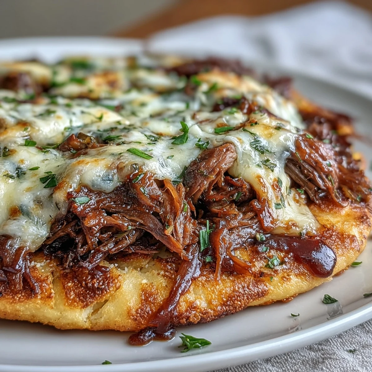 Served alongside a small bowl of savory jus, perfect for soaking up the cheesy, garlicky bread.