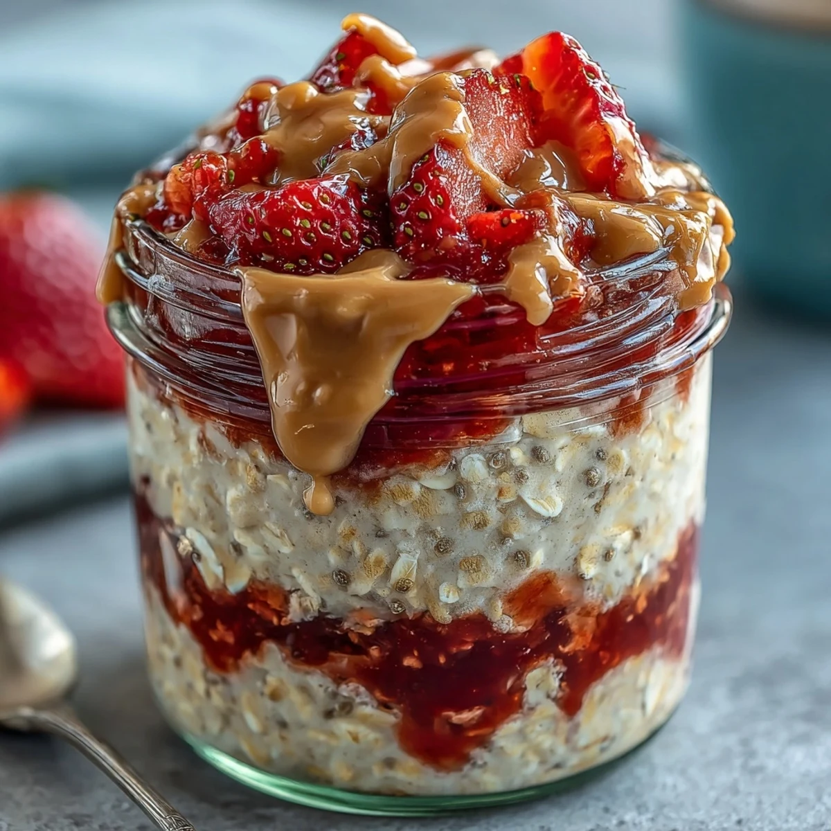 A close-up of High-Protein Peanut Butter & Jelly Overnight Oats topped with sliced strawberries and a peanut butter drizzle.