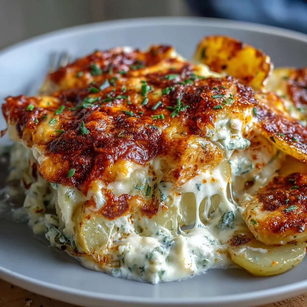 A spoon lifts a portion of the bubbling Ranch Chicken Potato Bake from a 9x13 casserole dish.