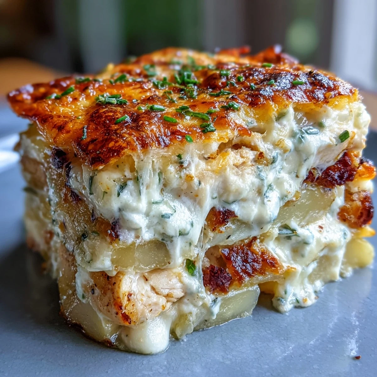 Freshly chopped chives garnish this hot Ranch Chicken Potato Bake, served alongside a crisp green salad.