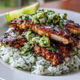 Plated Tangy Honey Lime Chicken & Avocado Rice Stack garnished with lime wedges on a rustic table.