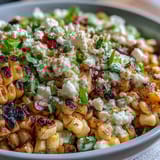 2. Colorful Mexican street corn salad featuring smoky grilled corn, tangy lime dressing, diced peppers, and crumbled Cotija cheese in a bright bowl.