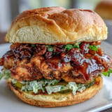 Juicy hot honey chicken sandwich, ready to be devoured with spicy sweet glaze.