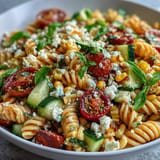 Vibrant vegetarian pasta salad featuring sweet corn, juicy tomatoes, and zesty dressing.