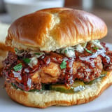 Juicy, golden fried chicken sandwich with hot honey, pickles, and soft brioche.