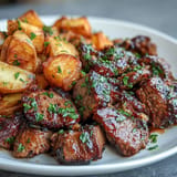 Tender, juicy steak bites with crispy potatoes in garlic butter sauce.