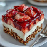 Delectable layers of strawberry jello, cream cheese, and crunchy pretzels.