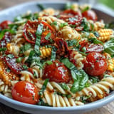 Bright Summer Corn and Tomato Pasta Salad, showcasing fresh vegetables and zesty dressing.
