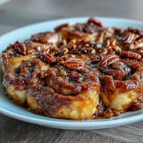 Warm, baked peach cobbler cinnamon roll casserole with toasted pecans.