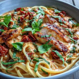 Velvety tomato basil cream sauce coats chicken pasta, a comforting Italian dinner.
