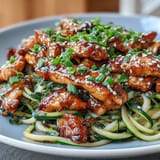 Savory honey garlic chicken over fresh zucchini noodles, a gluten-free, low-carb delight.