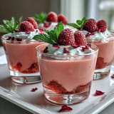 Elegant raspberry rose jello parfaits shown chilled with fresh berry garnish.