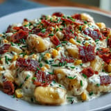 Hearty Creamy Corn and Bacon Gnocchi, with crispy bacon pieces scattered.
