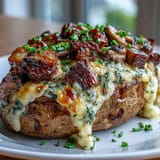 Loaded steakhouse potatoes: rich garlic butter sauce, savory steak, mushrooms, baked until bubbly.