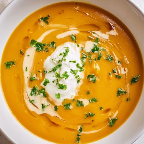 Steaming bowl of Sweet Maple Carrot Soup, garnished with parsley and a swirl of creamy yogurt.
