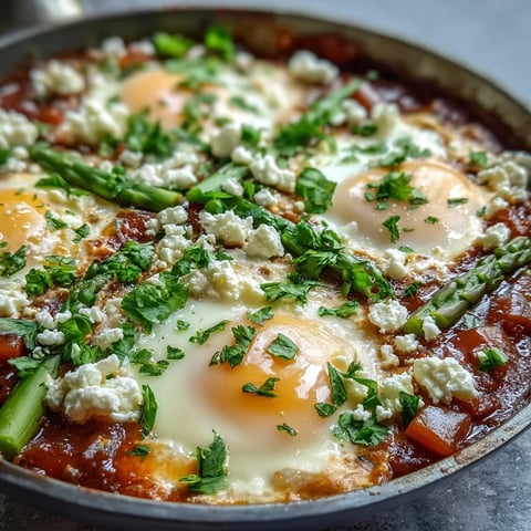 Spring-inspired Pea and Broad Bean Shakshuka with asparagus, topped with crumbled feta and fresh herbs, served directly from the skillet.