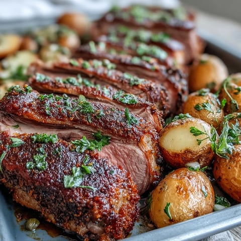 A finished rack of lamb sliced into chops, served with golden roasted potatoes tossed with green olives, parsley, and lemon zest on a rustic plate.