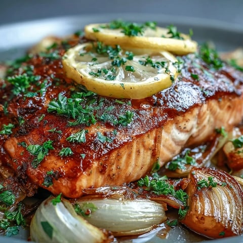 Golden-brown roasted leeks and onions cradle perfectly cooked salmon fillets, ready for a drizzle of zesty parsley dressing.