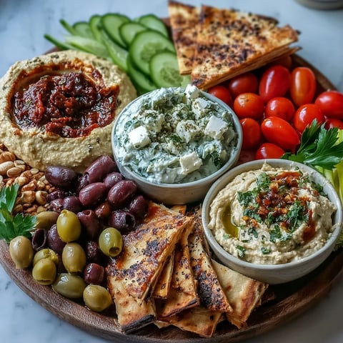 Overhead view of a Mediterranean Brunch Board with creamy dips, crisp veggies, and warm flatbreads ready for sharing.