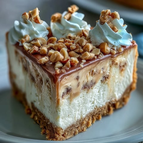 A close-up of Nutter Butter Cheesecake with a rich peanut butter swirl and golden cookie crust, topped with whipped cream and peanuts.