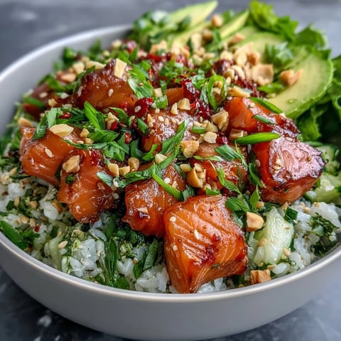 A vibrant, customizable Avocado Salmon Bowl with tender salmon, creamy avocado, and crunchy peanuts over seasoned sushi rice.