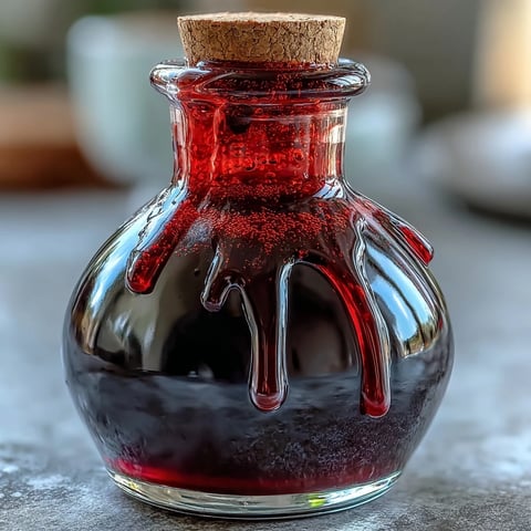 A bottle of homemade Crème de Cassis, a deep purple French blackcurrant liqueur, sits next to fresh berries and a Kir Royale cocktail.