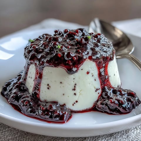 Glossy black currant sauce drizzled over creamy vanilla panna cotta, perfect for a European-style dessert.