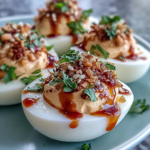 Spicy Chili Garlic Deviled Eggs topped with chili crisp, toasted sesame seeds, and fresh cilantro on a platter.