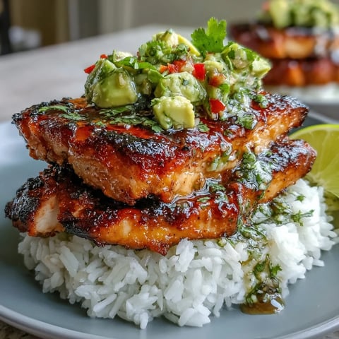 A close-up of Tangy Honey Lime Chicken & Avocado Rice Stack with grilled slices and vibrant avocado salsa.
