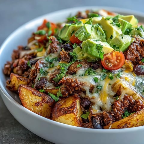 Loaded Potato Taco Bowl featuring crispy roasted potatoes topped with seasoned ground meat, melted cheddar cheese, black beans, and corn.