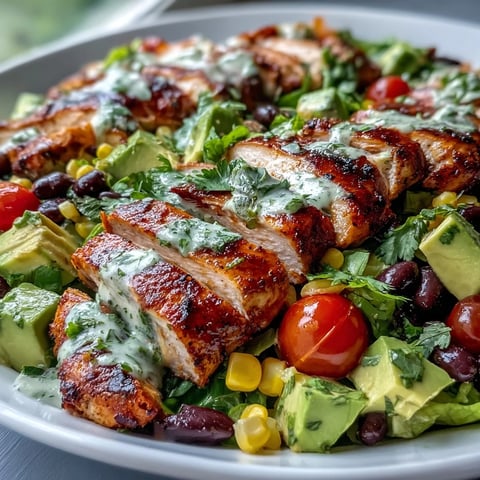 Plated High Protein Southwest Chicken Salad with grilled chicken slices, black beans, corn, and creamy avocado on crisp romaine.