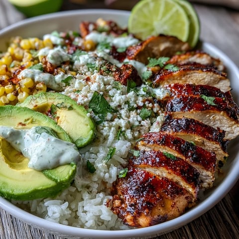 Juicy seasoned chicken and charred Mexican street corn top fluffy rice in this Street Corn Chicken Rice Bowl, drizzled with creamy tajín-lime sauce.
